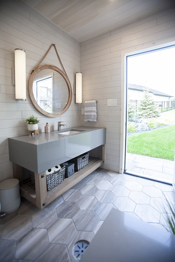 outdoor bathroom custom countertops vanity custom stone in Winnipeg pool house